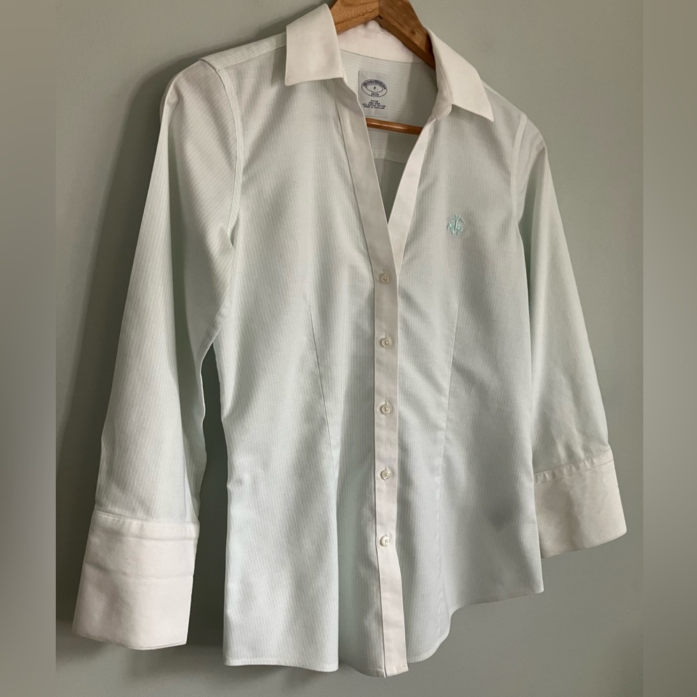 BROOKS BROTHERS Mint Green and White Striped Cotton Button Down Size 2 - Picture 5 of 13